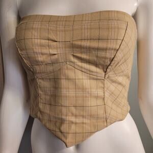 Free people plaid corset top strapless out west western crop tan tube top sz 4